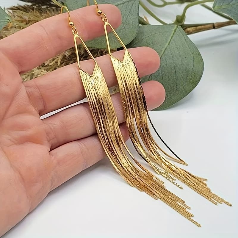 TEMU Gold- Tassel Drop Earrings - Exaggerated Ripple And Bamboo Link Chain Statement , Tarnish-resistant Fashion Jewelry For Women
