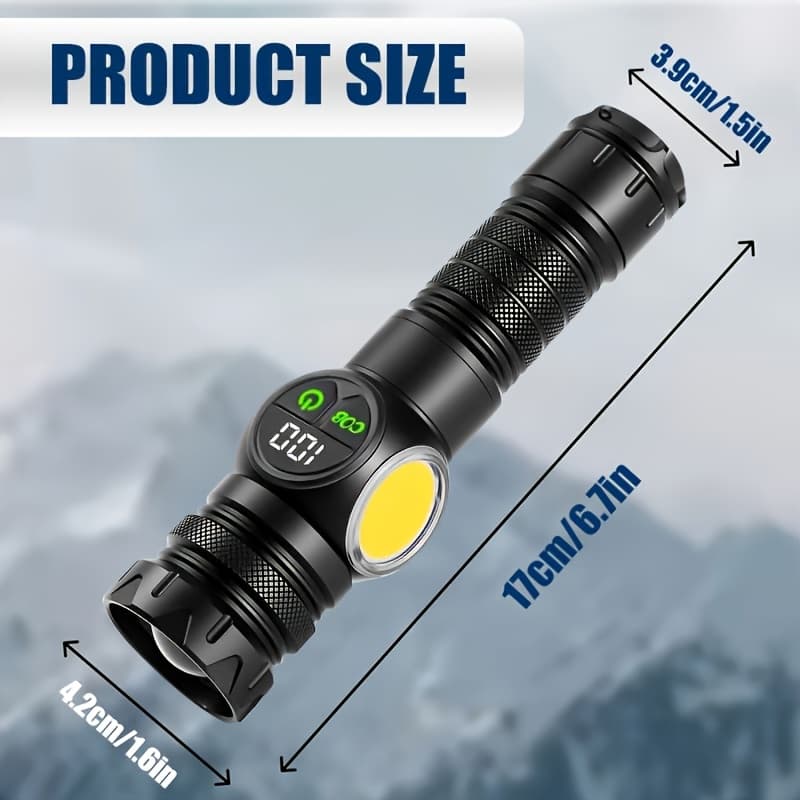 TEMU 1pc 30w Led Flashlight, 9 Powerful Zoom Torch Light With 1200mah 18650 Battery And Lcd Power Display For Camping, Hiking, Caving