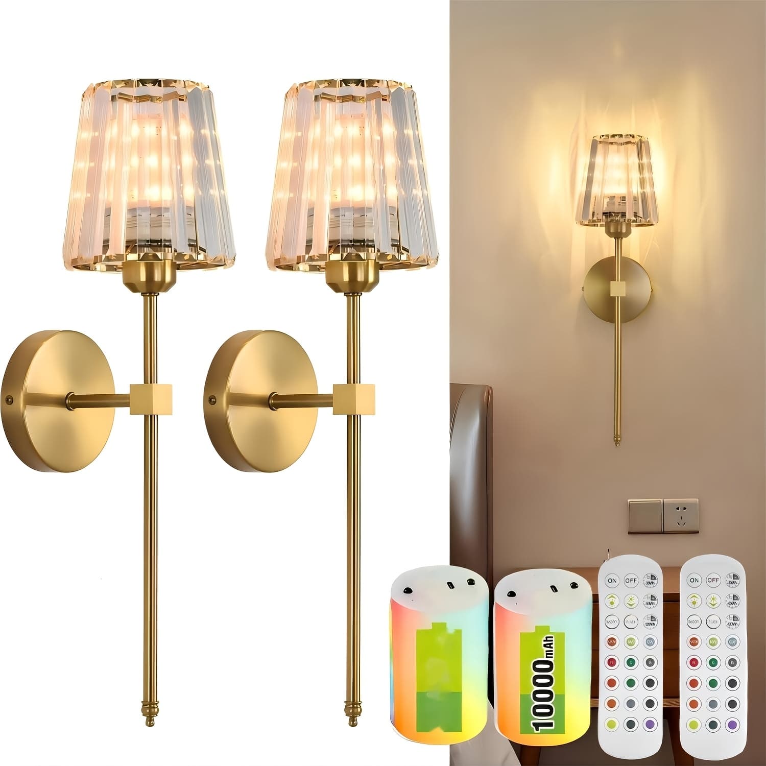 TEMU Battery Operated Sconces Set Of 2, 10000mah Golden Wireless Wall Sconce With Usb Rechargeable Led Light Bulbs 12 Colors Dimmable Lamp With Remote For Bedroom Living Room, Bulbs Included