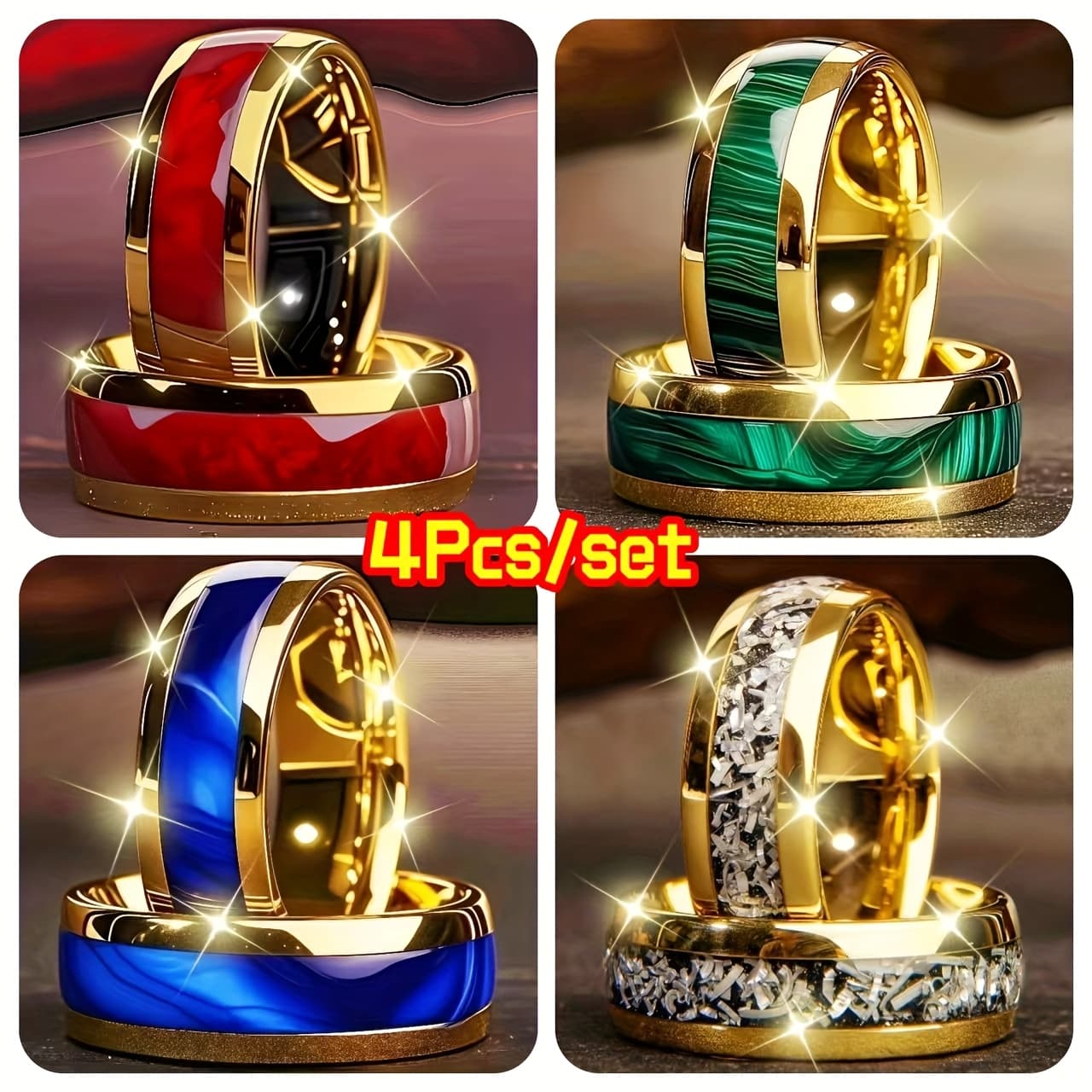 TEMU A Set Of 4 Elegant Rings For Men, Featuring A Stylish -tone Colors Including Golden, Blue, Green, Red, Black, And White With Marble Accents. Rings Are Scratch-resistant And