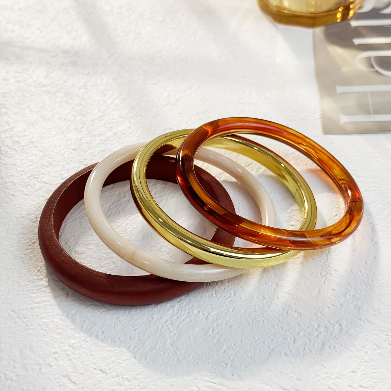 TEMU 4pcs Women's Bracelet And Bangle Set, Bohemian Style Fashion Resin Acrylic Wood Mixed Layered Wear