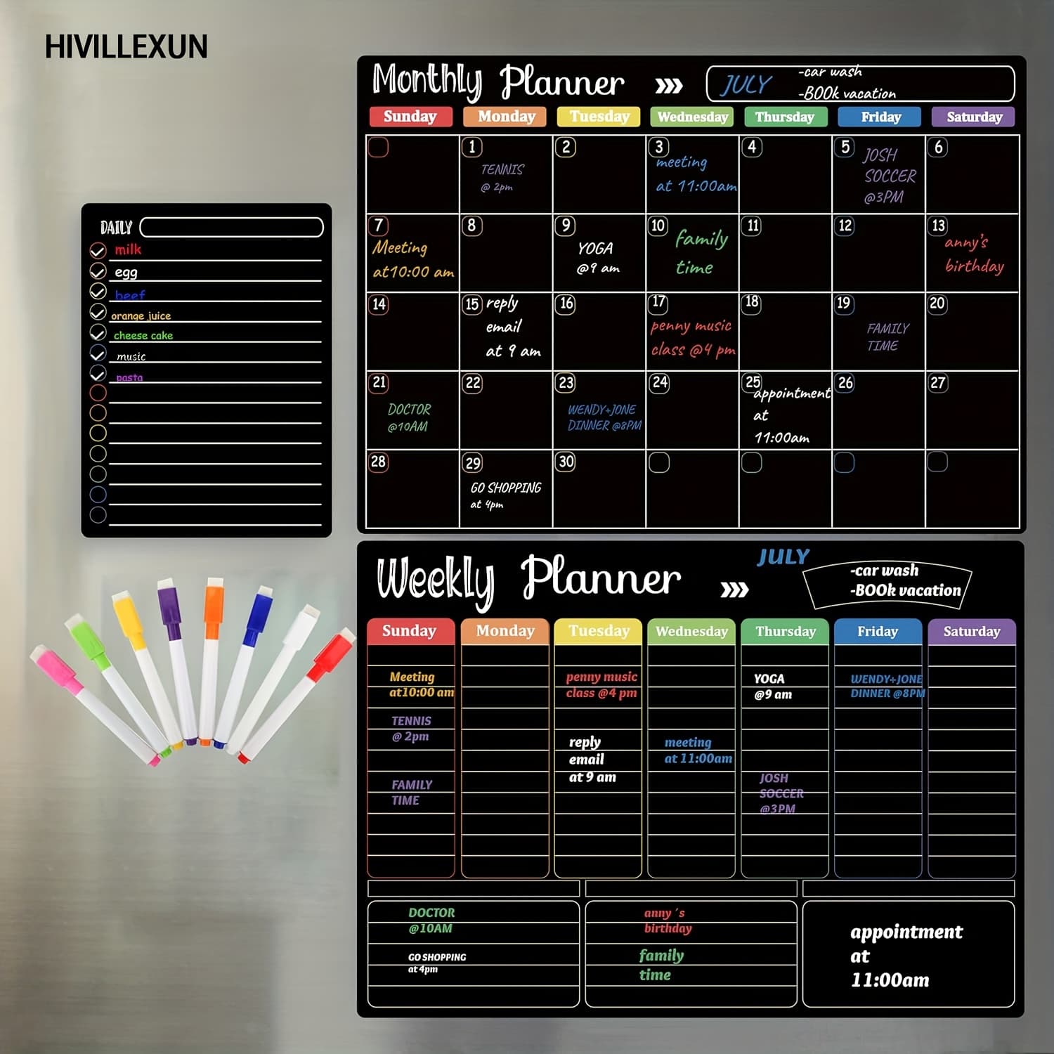 TEMU Hivillexun Erase Boards Set - 3 Magnetic Boards For Refrigerator, Monthly, Weekly Organizer & Daily Notepad, Wall & Fridge Family Boards 8 Markers