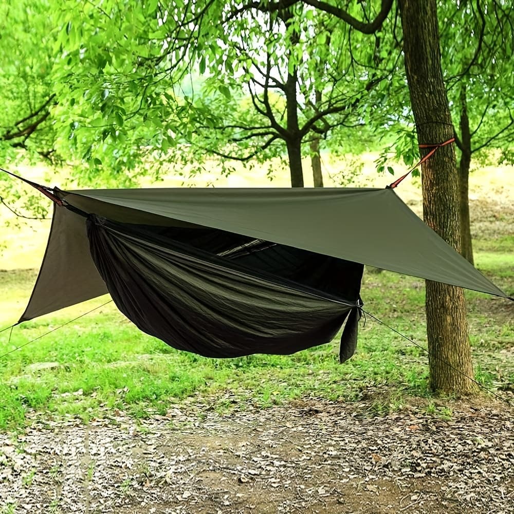 TEMU : Portable Camping Hammock With Rain Fly Tarp, Ideal For Single Or , Comes With Tree Straps, Perfect For Backpacking, Hiking, Beach Trips, And Outdoor Activities