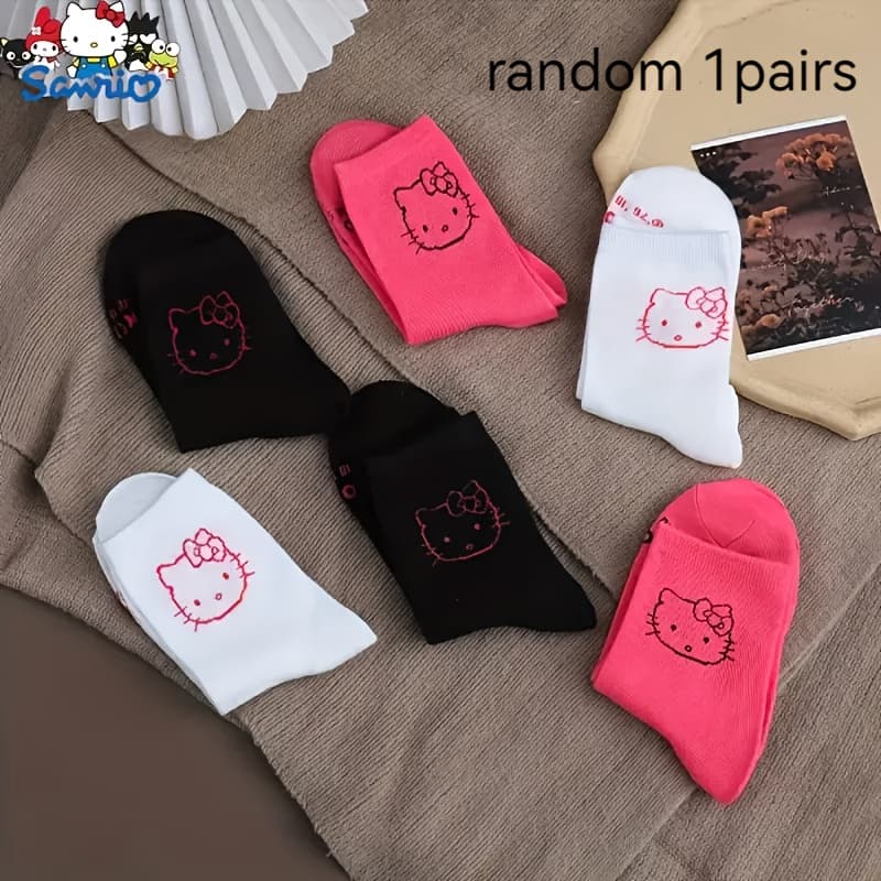 TEMU Genuine Hello Kitty Mid-calf Socks - Comfortable And Refreshing Women's Design, Random 1 Pair, Warm And Cute, Ideal Gift