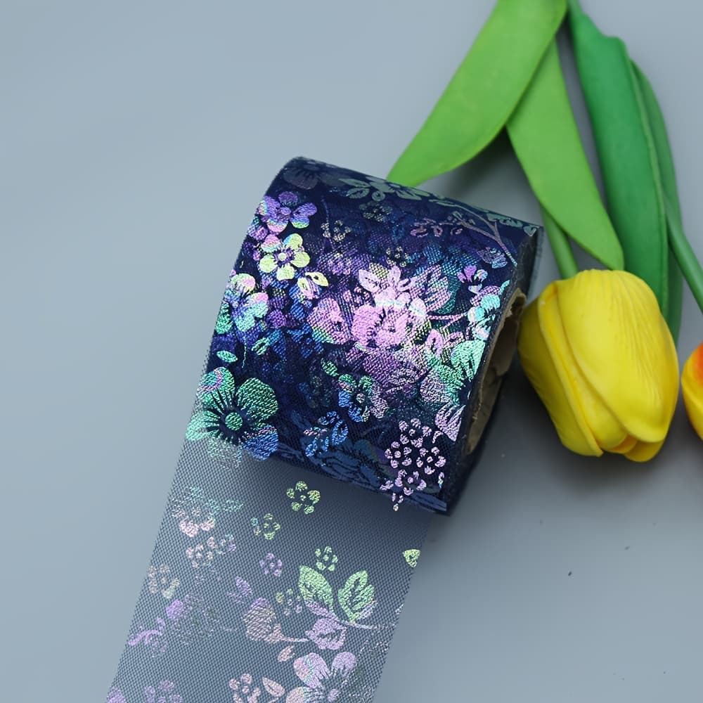 TEMU 3-yard New Iridescent Gradient Printed Mesh Ribbon Roll For Gift Wrapping And Bow-making Accessories