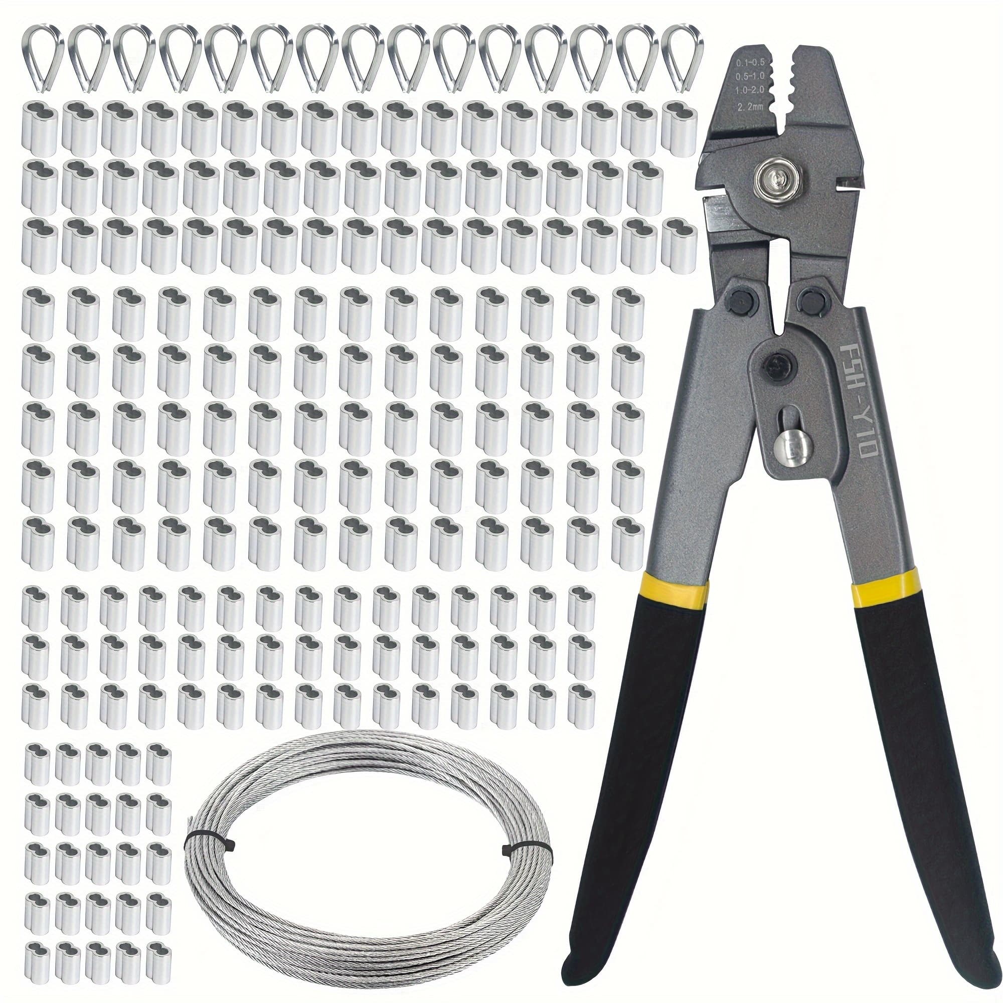 TEMU 207pcs Aimunok Wire Rope Crimping Swaging Tool Kit For Wire Cable Crimps 0.1-2.2mm With 190pcs 4 Sizes Aluminum Double Crimper Loop Sleeve And 15pcs Stainless Steel Thimble Assortment Kit