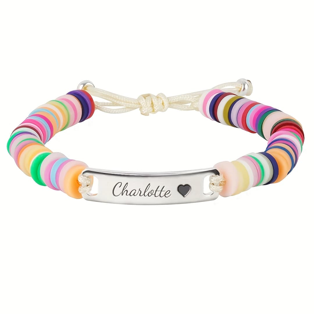 TEMU Personalized Custom Colorful Polymer Clay Bracelet, Laser Engraved, Bohemian Style, Perfect Graduation Farewell Gift For