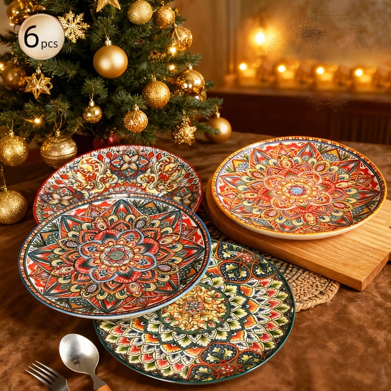 TEMU 6pcs 10 Inch Ceramic Plates, Plates, Unique Handmade Bohemian Art, Enough, Reusable Party Plates/ Oven & Dishwasher Safe/ Kitchen & Restaurant & Family Serving/ Christmas And Thanksgiving Gifts.