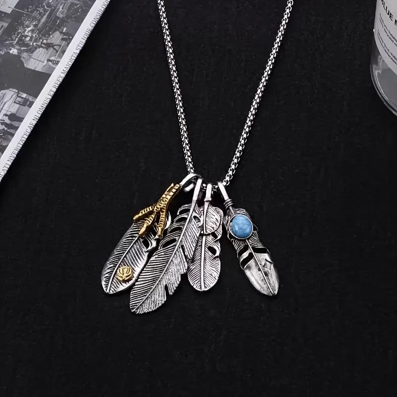 TEMU Set Of 4 Feather Necklaces, Trendy Hip Hop Street Pendant For Men, Versatile Long Sweater Chain Additions