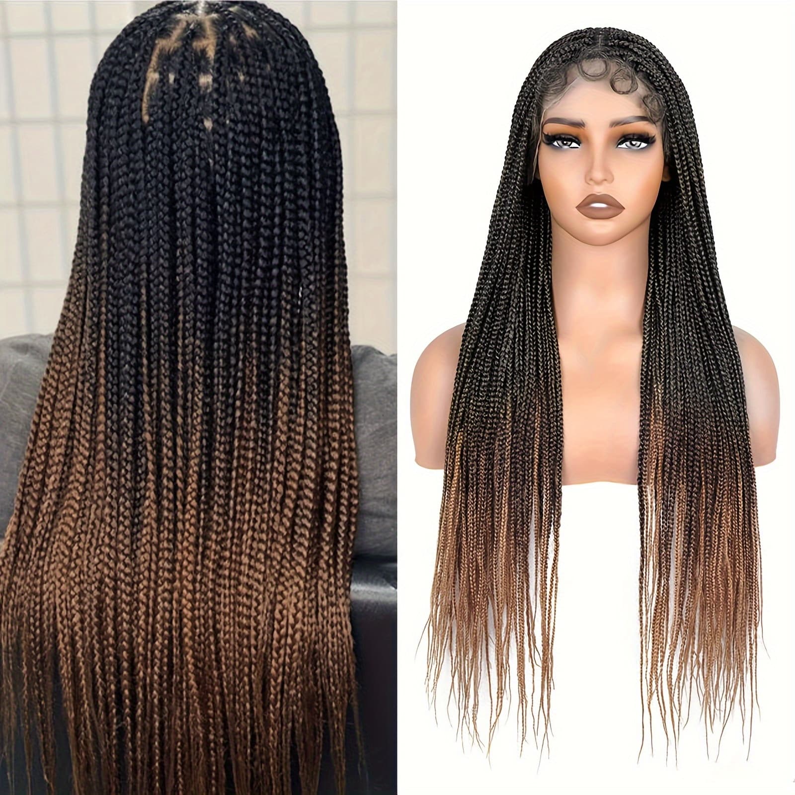 TEMU 28" Knotless Braided Wigs For Women Box Braids Lace Frontal Wig With Full Double Lace Front Braid Wig Ombre Brown Hand Braid Wigs