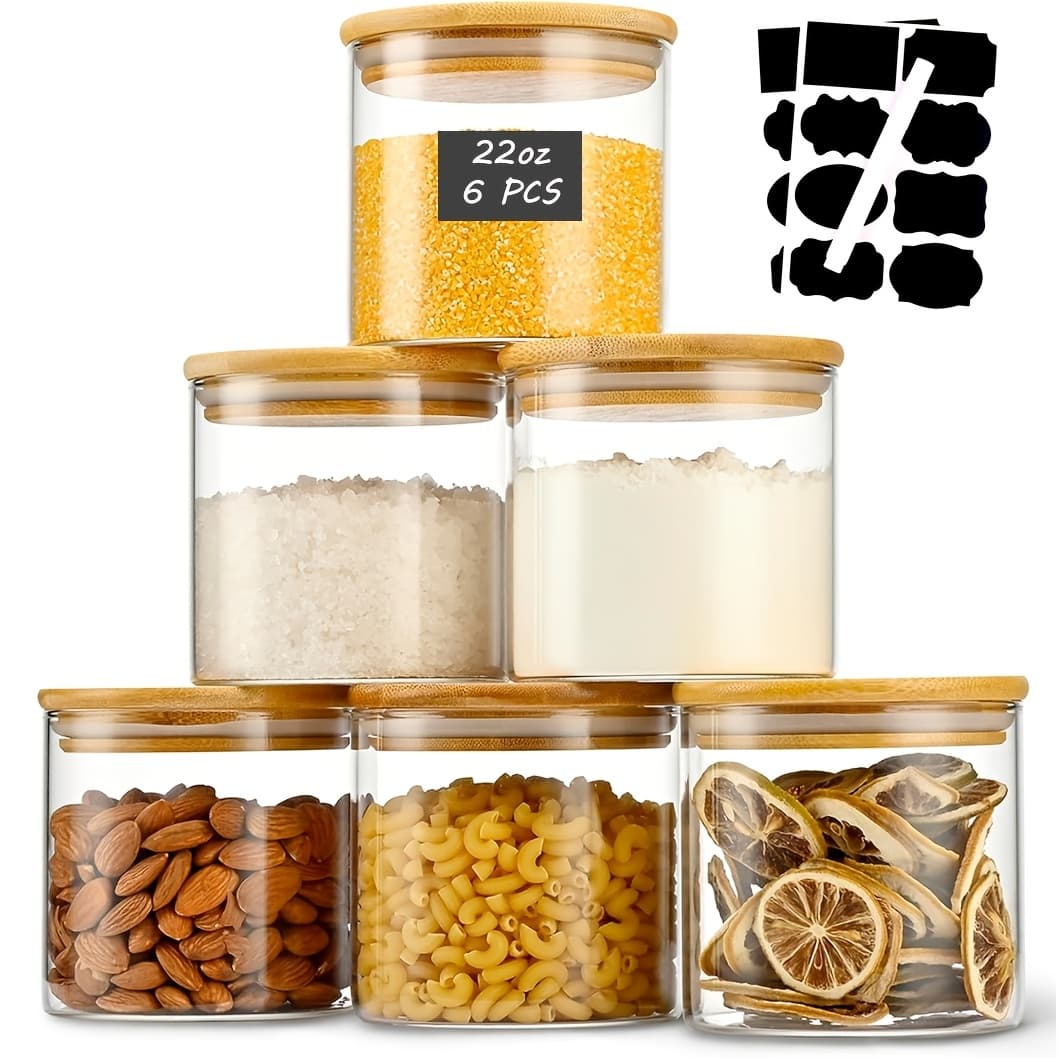 TEMU 6pcs 22oz Kitchen Airtight Glass Storage Jars With Bamboo Lid Storage Container Spice Jar, Canister For Sugar, Tea, And Coffee Beans