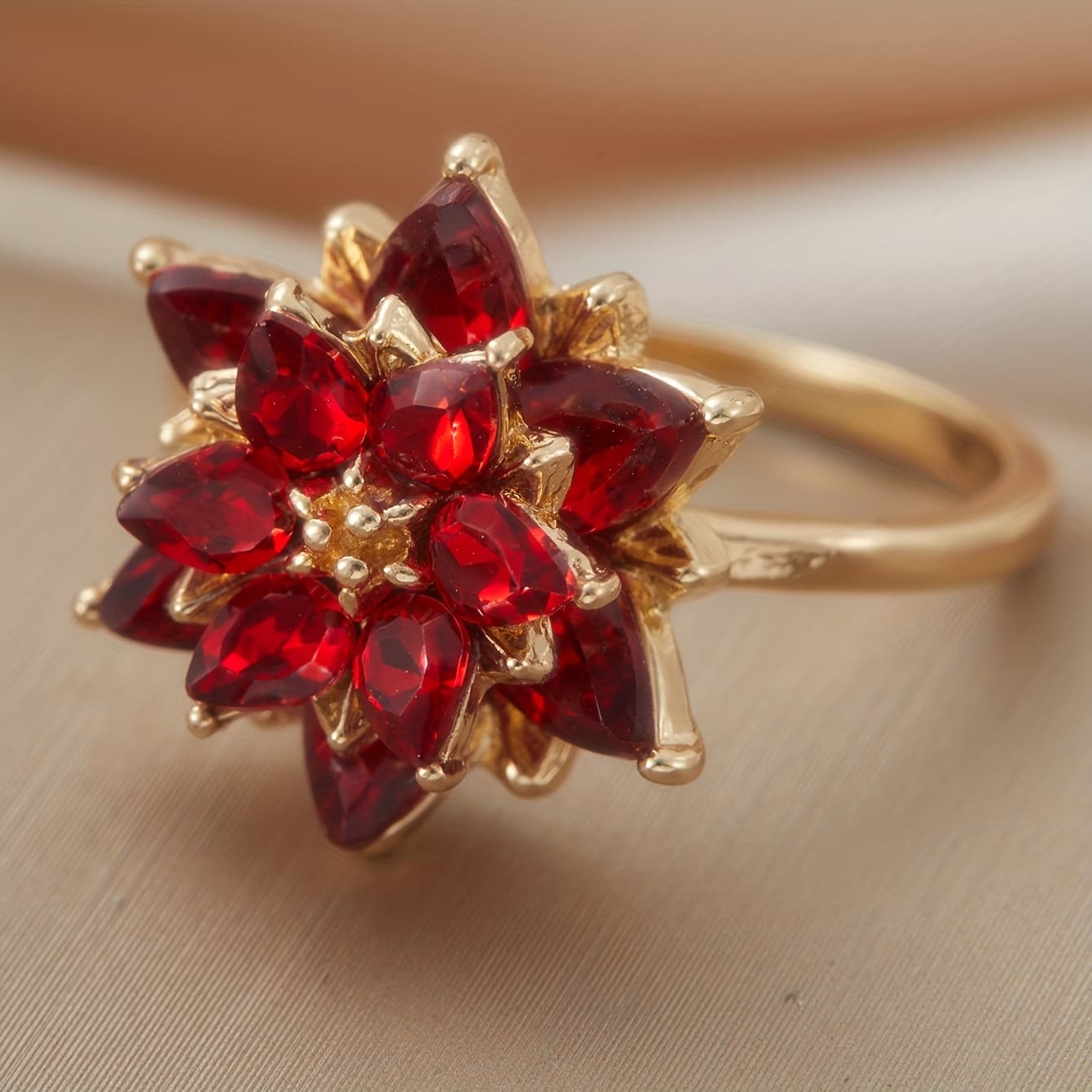 TEMU This Exquisite And Ring, Designed In Of A Flower And With Shimmering Red Synthetic Zirconia, Is An Option For Formal Events And Celebrations