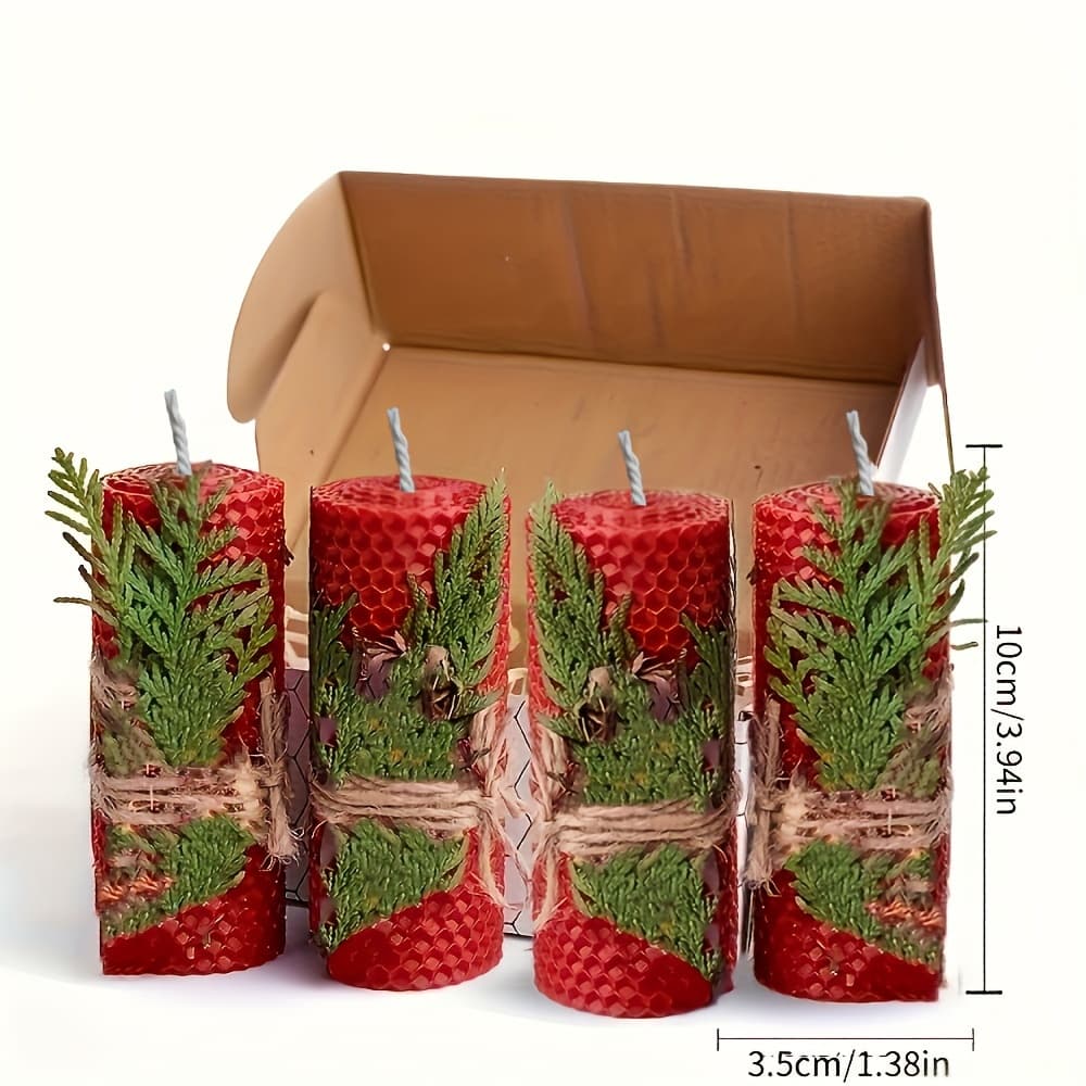 TEMU 4pcs 100% , Gift Box Set Of 4 Pillar Candles For Gift And Home Decor, With Honeycomb Texture For Gift And , Christmas Dinner Candles, Christmas Decorations