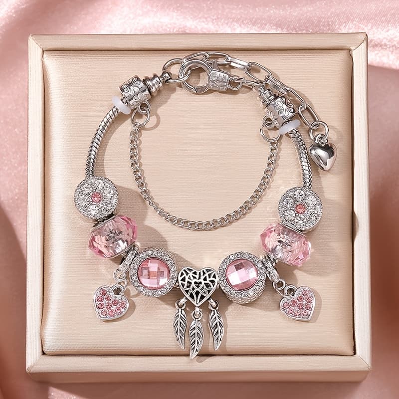 TEMU A Women's Bracelet Measuring 18cm/7.09 Inches, Featuring Leaf Tassels And A Pendant. This Elegant Handmade Jewelry Piece Includes Resin Large Hole Beads And An Adjustable Snake Chain
