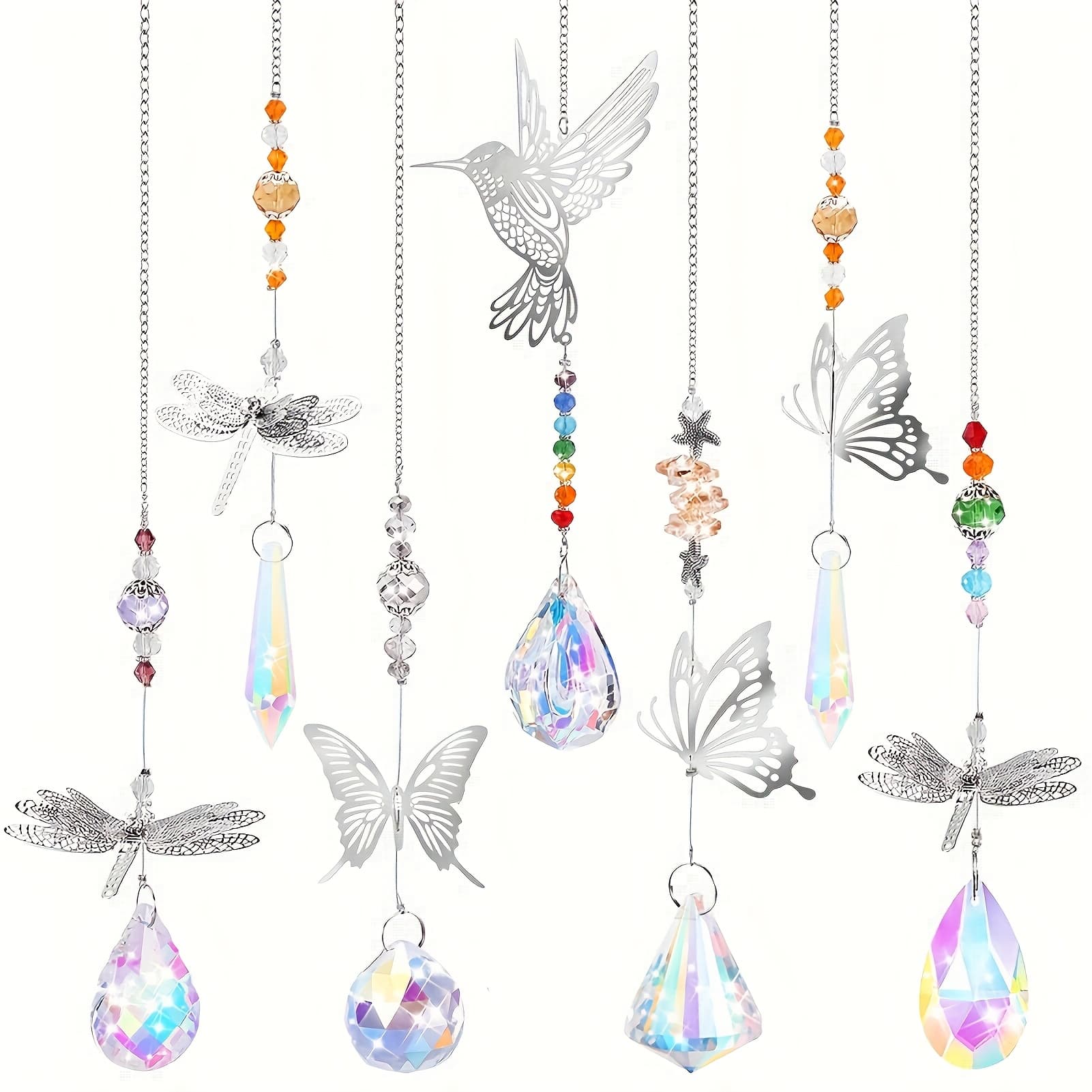 TEMU Catcher, 7 Color Crystal Ball Prism Light Catcher Glass Pendant With Dragonfly Hummingbird Hanging Decorative Window For Home, Office, Garden Decoration