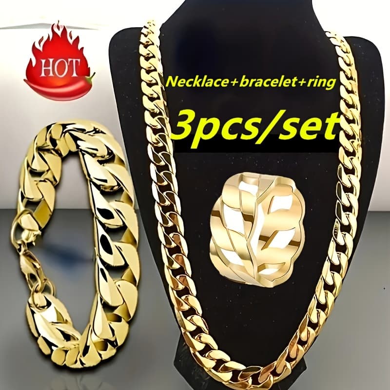 TEMU Set Of 3 Cuban Chain Additions Made From 304 304 304 304 304 Stainless Steel, Including A Necklace, Bracelet, And Ring, Designed In A Hip-hop Style For Men