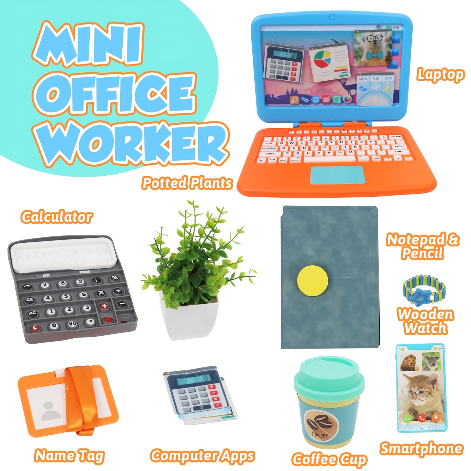 TEMU Home Office Set, Kids Playing House Game For 3+ Years Old- With Laptop, Writing Whiteboard Book, Tablet, With Calculator, Simulated Mobile Phone, & Kids Drink Cup, Pretend Working Toys