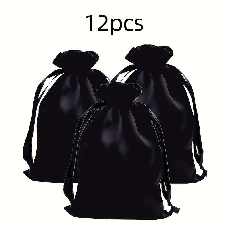 TEMU 12pcs Of Black Satin Drawstring Bags, Satin Drawstring Gift Bags. Party Gift Bags, Bath Drawstring Bags, Christmas Party Supplies, Jewelry Bags