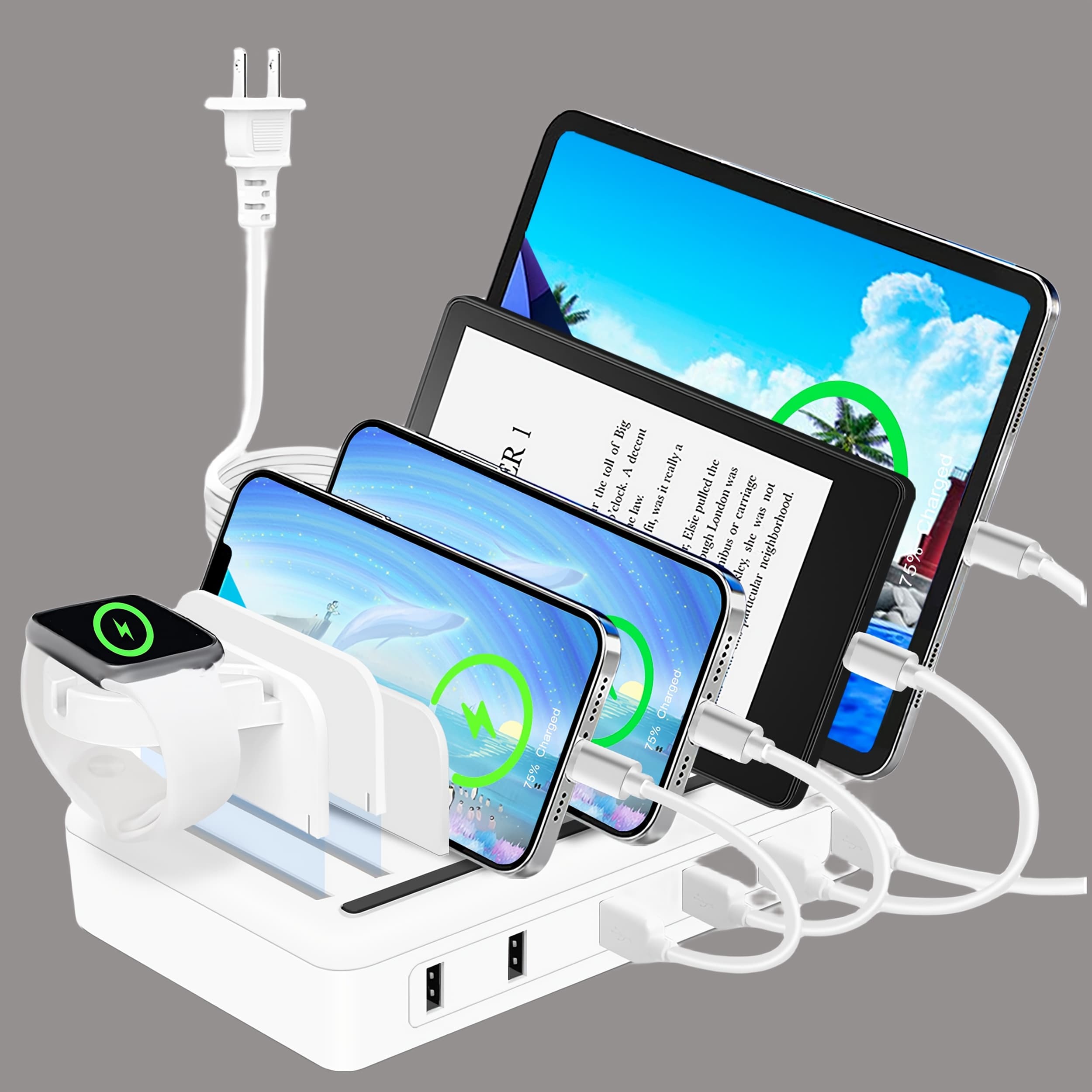 TEMU Fast Charging Station For Multiple Devices, 50w 6-port Usb Charging Station With 10-slot, Detachable Dividers, Watch Holder, Compatible With Phone/ipad//tablet (6 Short Cables Included)