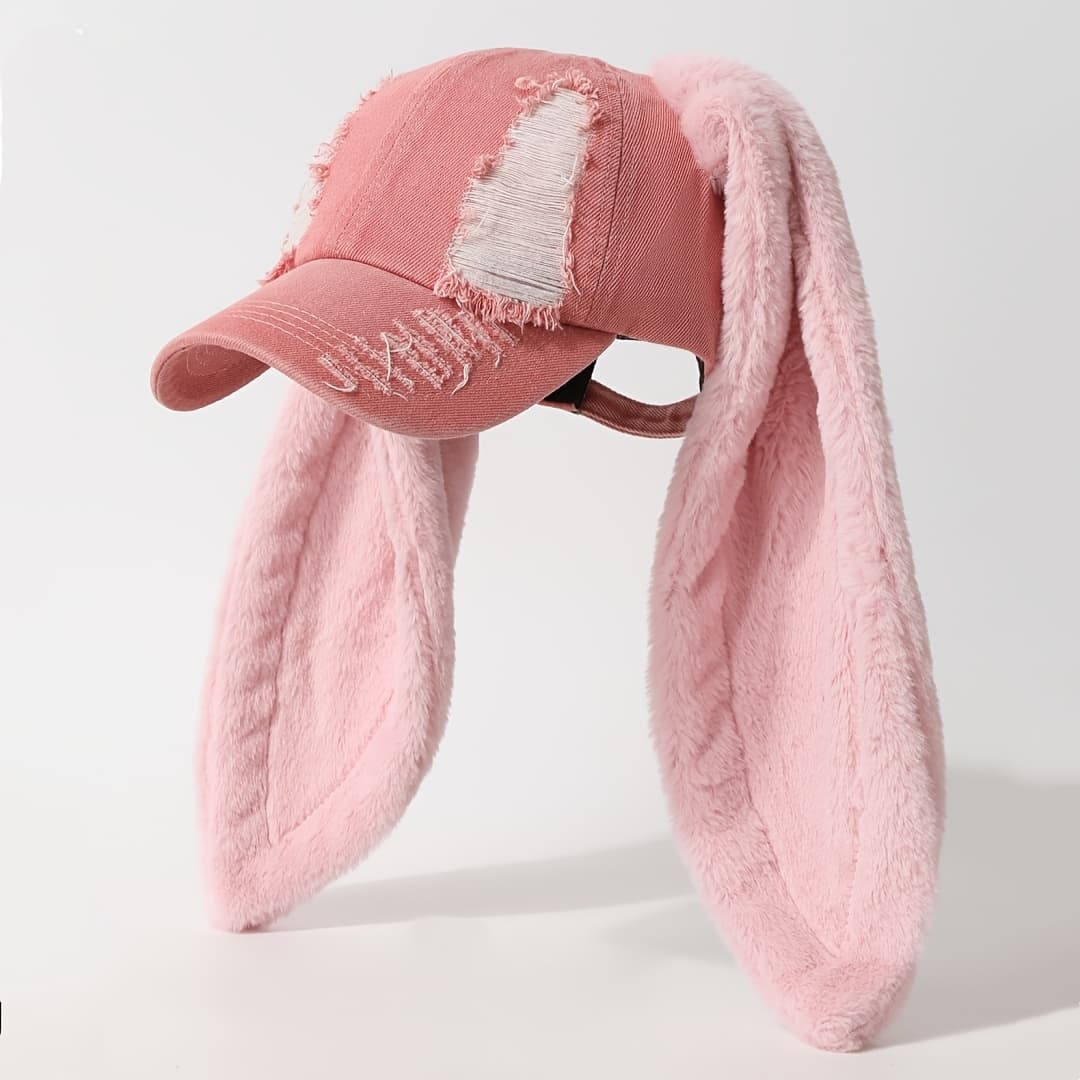TEMU Women's & Men's Washed Distressed Pink Baseball With Plush Rabbit Ears & Wide Brim - Lightweight Soft Washed Texture, Adjustable Snapback Closure, Hand Wash/ - Casual Outdoor, Party
