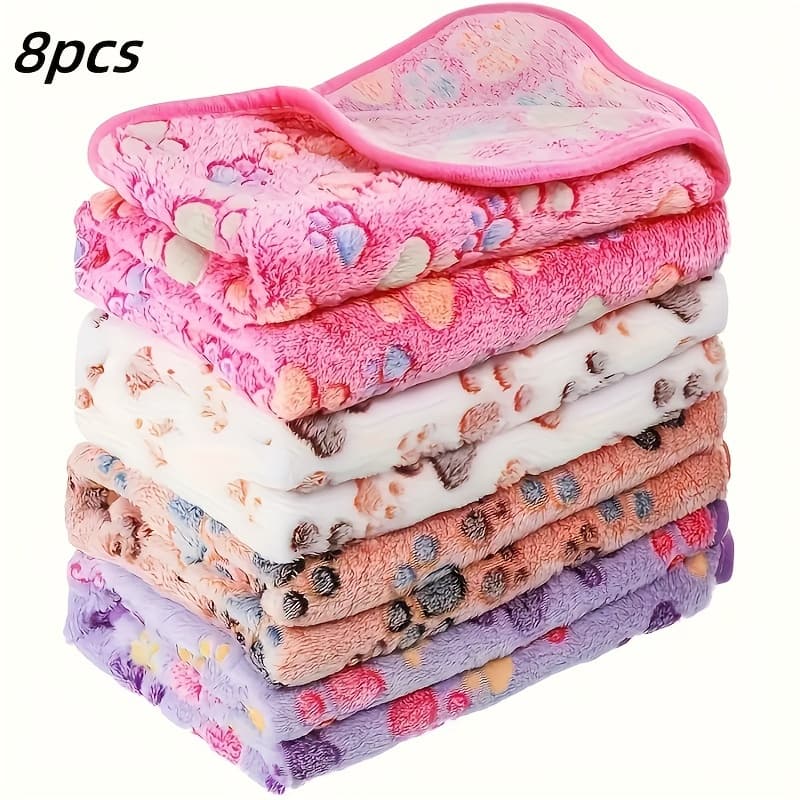 TEMU An 8-pack Set Of Soft Flannel Pet Blankets, Suitable For Dogs And Cats - Made Of Soft Polyester Fiber, Machine Washable, With Paw Print Pattern - Versatile, Suitable For Small To Large Dogs