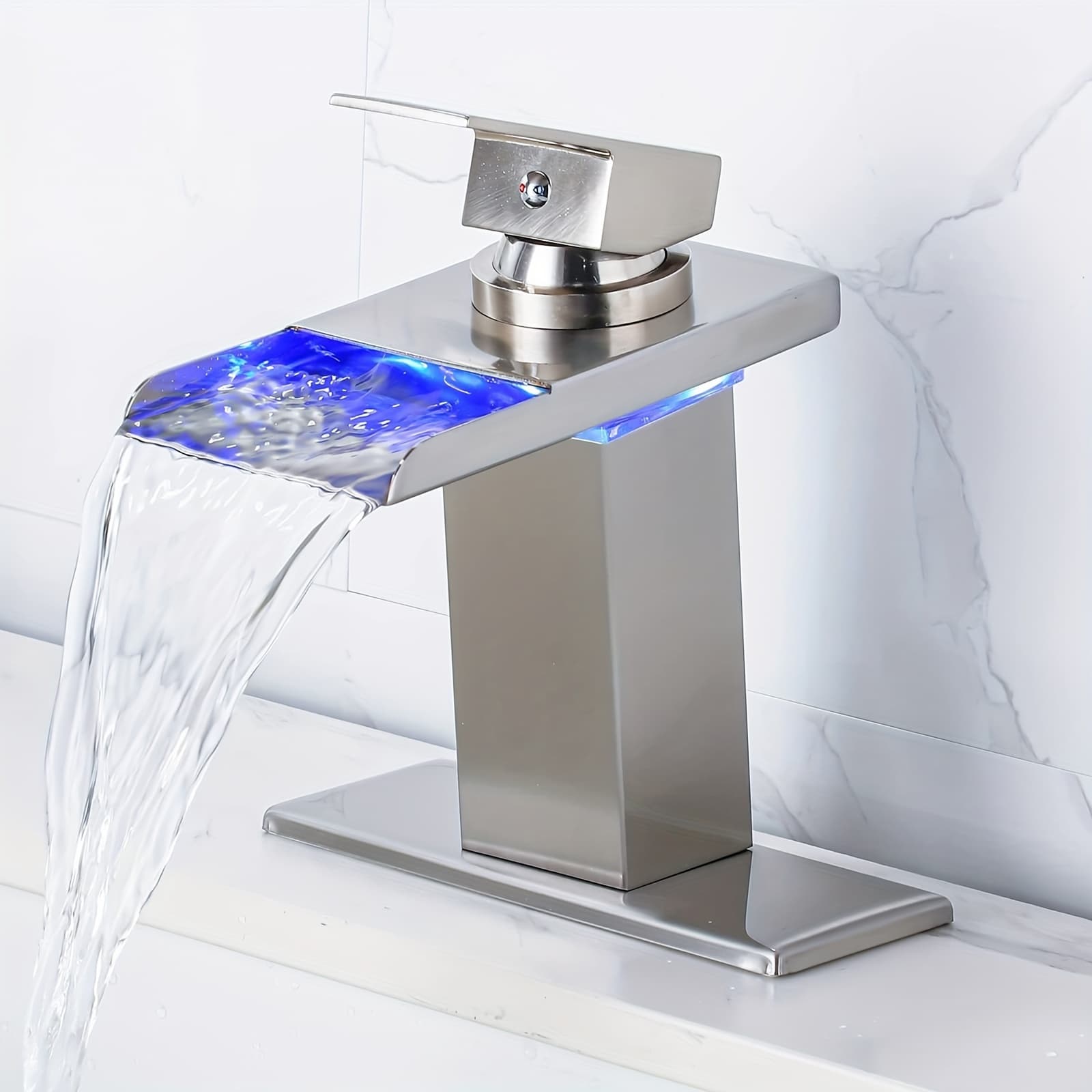 TEMU Brushed Nickel Bathroom Faucet, Waterfall Spout Single Handle Faucet With 6-inch Face Plate, Bathroom Basin Faucet, Bathroom Vanity Faucet, Bathroom Sink Faucet