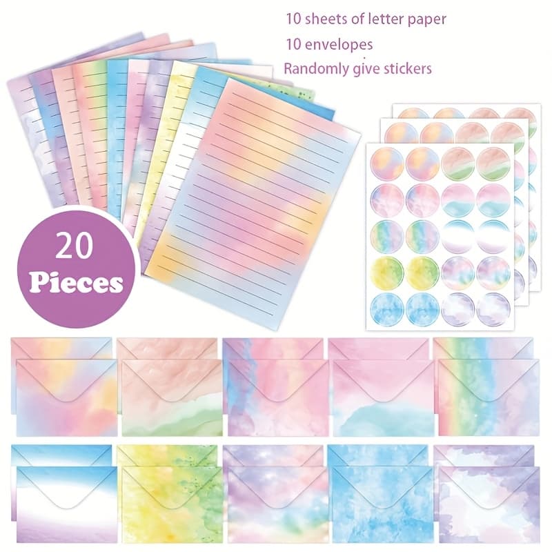 TEMU 20pcs, Watercolor Stationery Envelope Set, Watercolor Gradient Creative Birthday Party Gift Invitation Stationery Set, Includes 10 Stationery + 10 Envelopes (random Sealing Stickers As Gift)