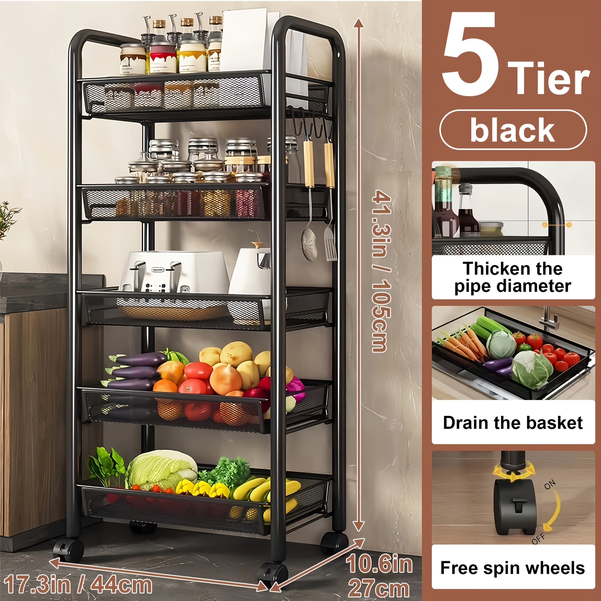 TEMU Heavy-duty Mobile Metal Storage Shelf With Wheels - Easy Assembly Large Capacity Shelving Unit Suitable For Garage, Kitchen Pantry - Sturdy Black Metal Rack, Space-saving Vertical Organizer