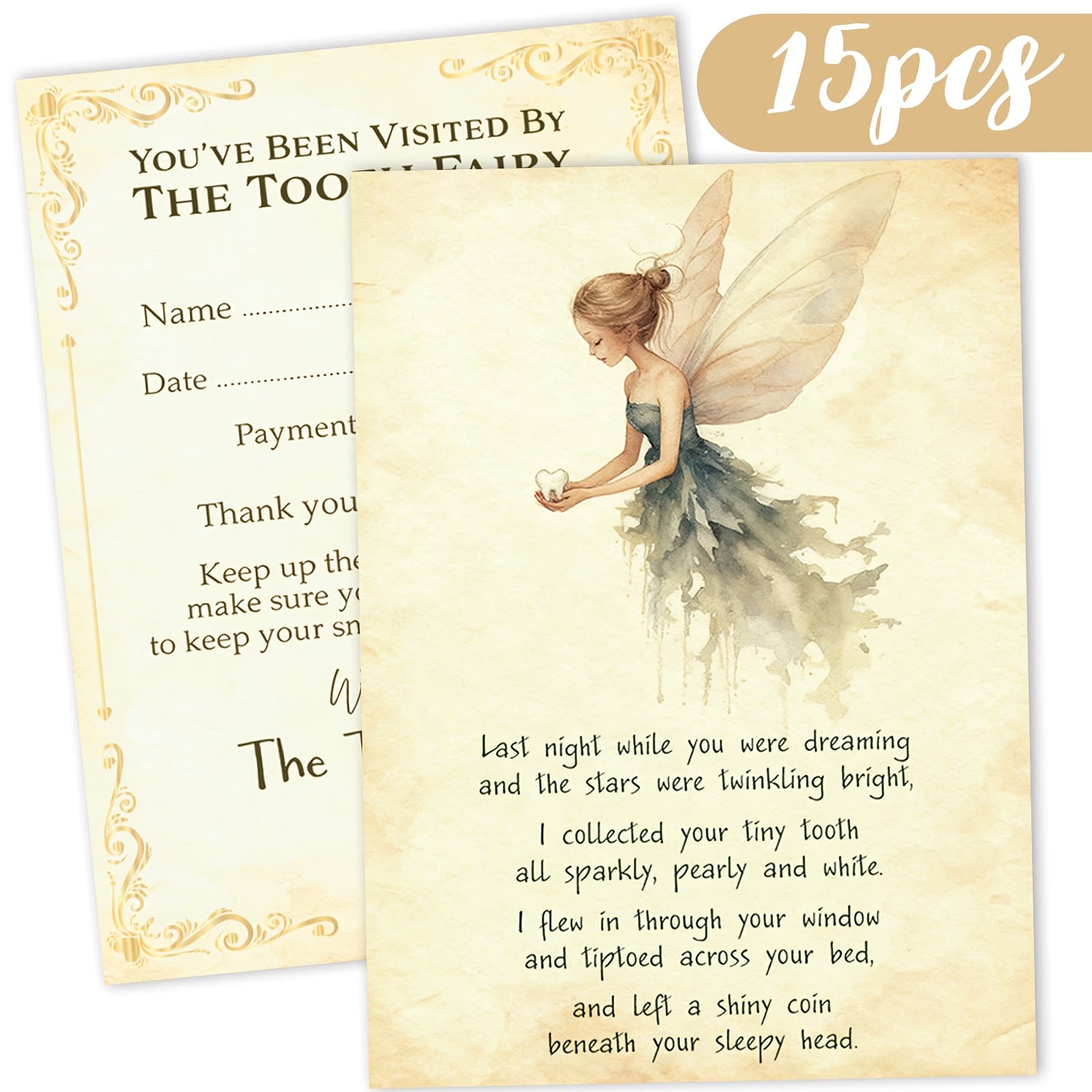 TEMU 15 Pack Tooth Fairy Certificates - Lost Tooth Chart With Name & Date, Magical Fairy Dust Receipts Teeth Collection, Money Gift, Parent- Activity Booklets (double-sided Watercolor Poems, 15pcs)