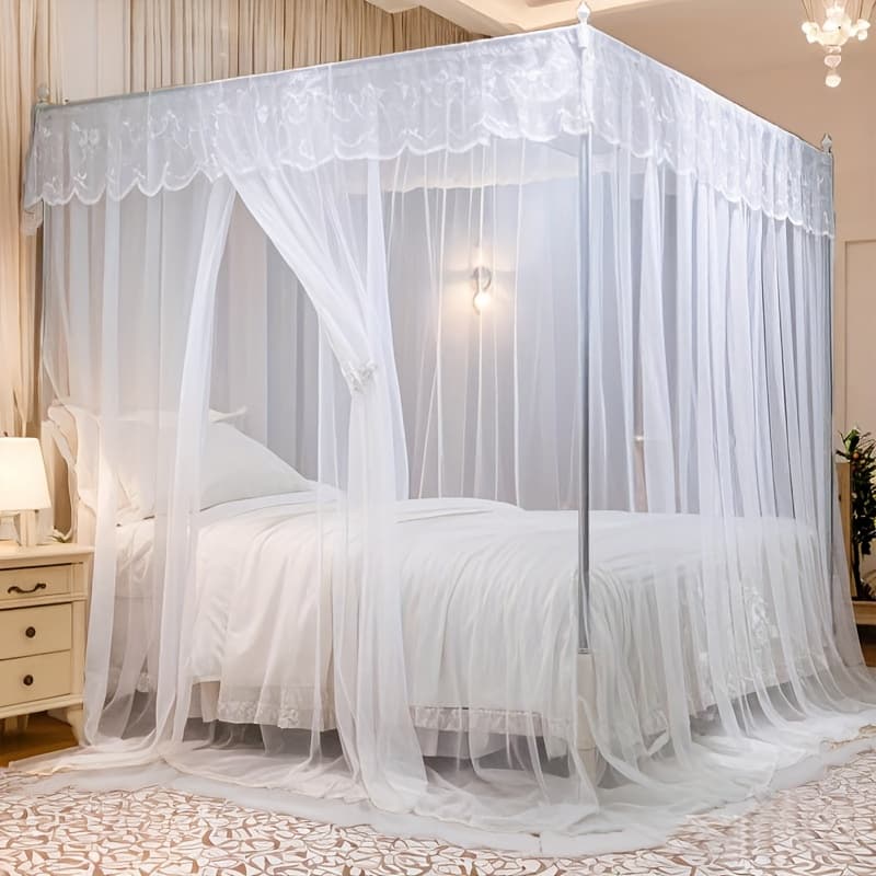 TEMU Lace Elegant White Princess Bed Canopy Net Tent With Delicate Lace Detailing, Three-side Opening, Machine Washable, Polyester Material, Bedroom Decoration, Net