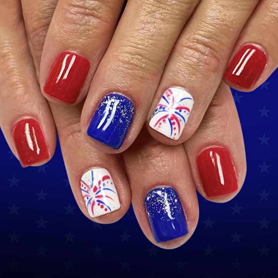 TEMU Firework Press On Nails Short Square Glitter Fake Nails 24pcs Patriotic Festive Nails