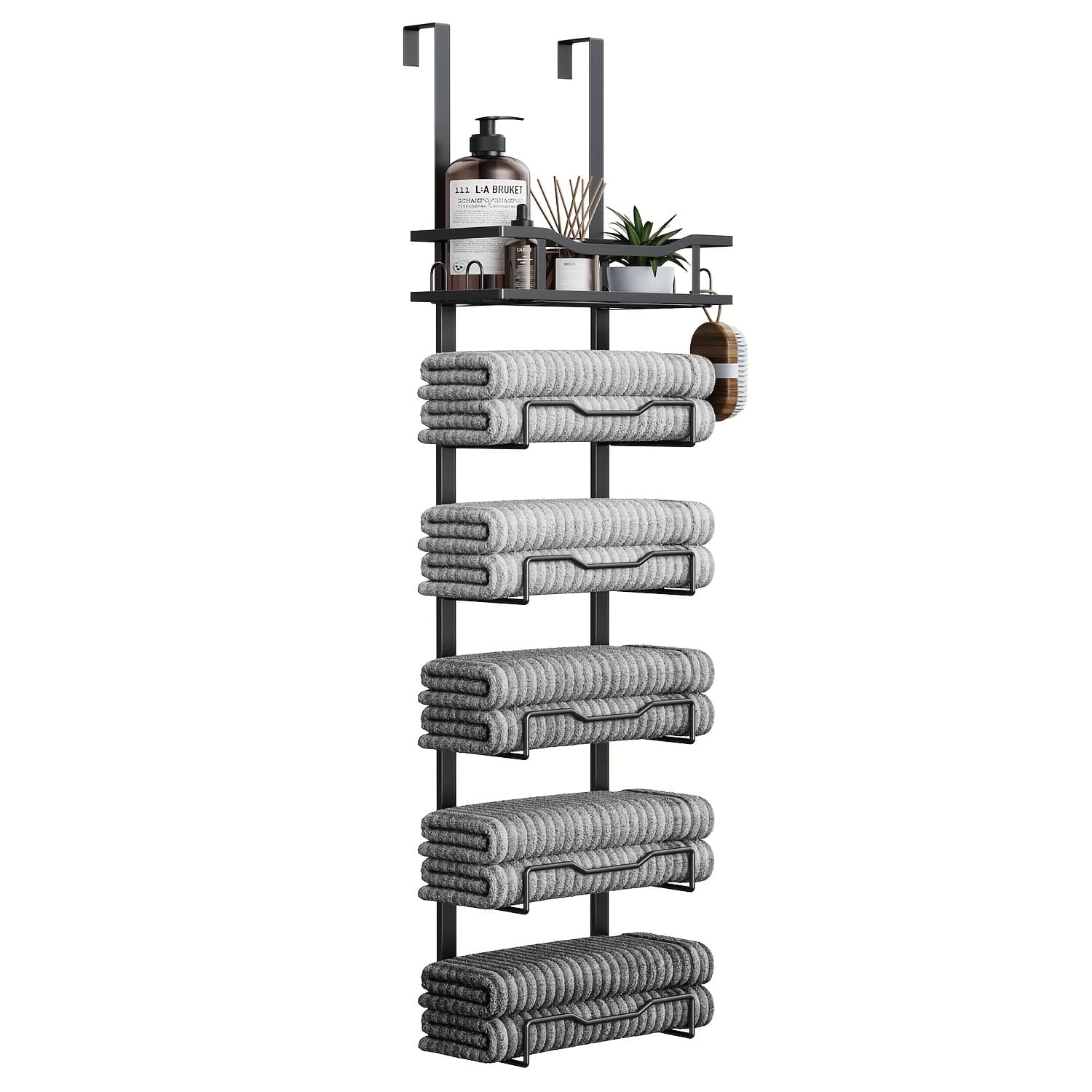 TEMU No Drill! 6-tier Over Door Towel Rack With Storage Basket Perfect For Bathrooms + Rvs! Black Metal Organizer For Rolled Towels