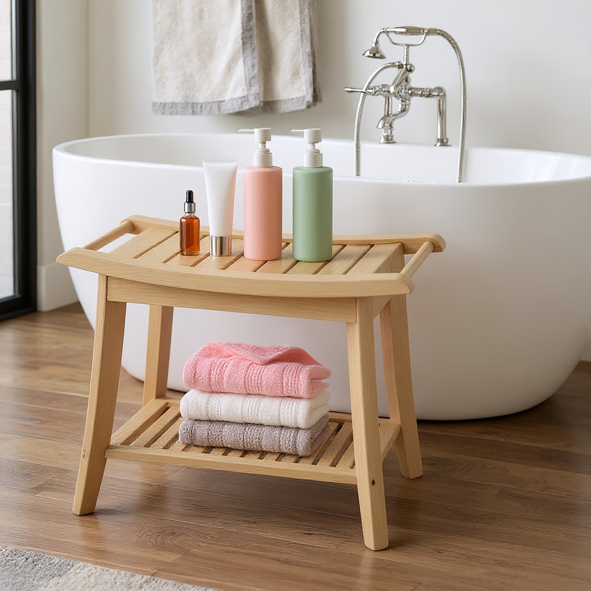 TEMU Waterproof Anti-slip Bathroom Stool With Storage Shelf - Thickened Heavy-duty Shower Chair, Suitable For Bathroom, Spa, Pool, Home - Indoor & Outdoor Use, Textured Anti-slip Design, Nordic Style