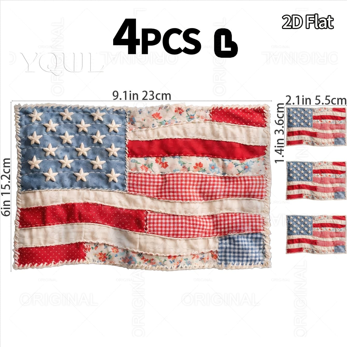 TEMU 4pcs 2d Flat Quilted American Flag Heat Transfer Iron On Patches, Rustic Stars And Stripes Dtf Transfers For T-shirts, Vintage Floral Plaid Usa Flag Decals For Day Outfits Washable Appliques