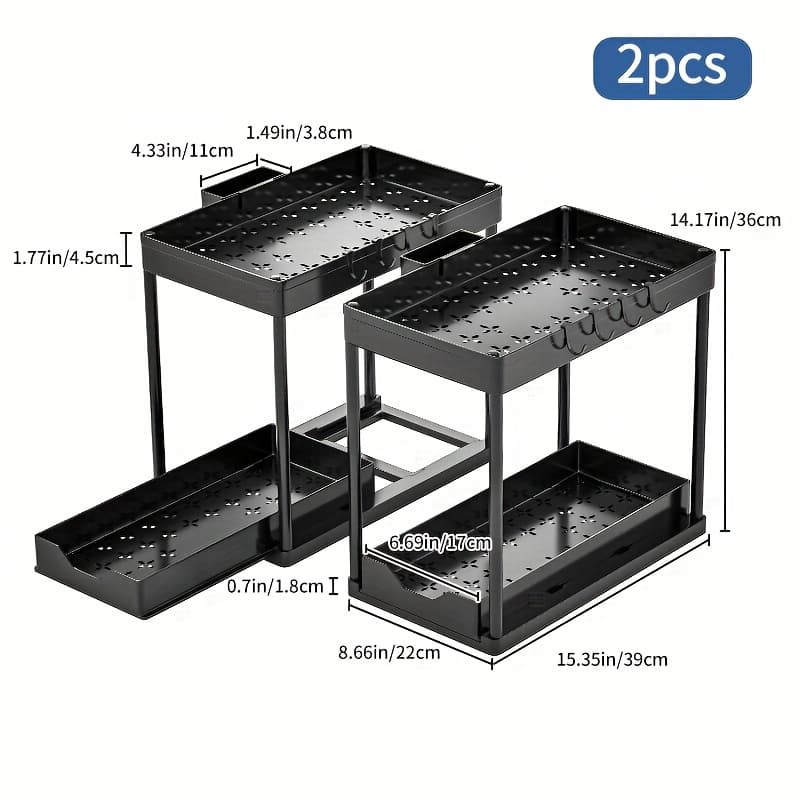 TEMU 2-tier Under Sink Organizer Rack With 5 Hooks & 1 Bucket - Heavy-duty Plastic Sliding Cabinet Storage Basket, Space-saving Countertop Organizer For Bathroom, Kitchen, Utility Racks