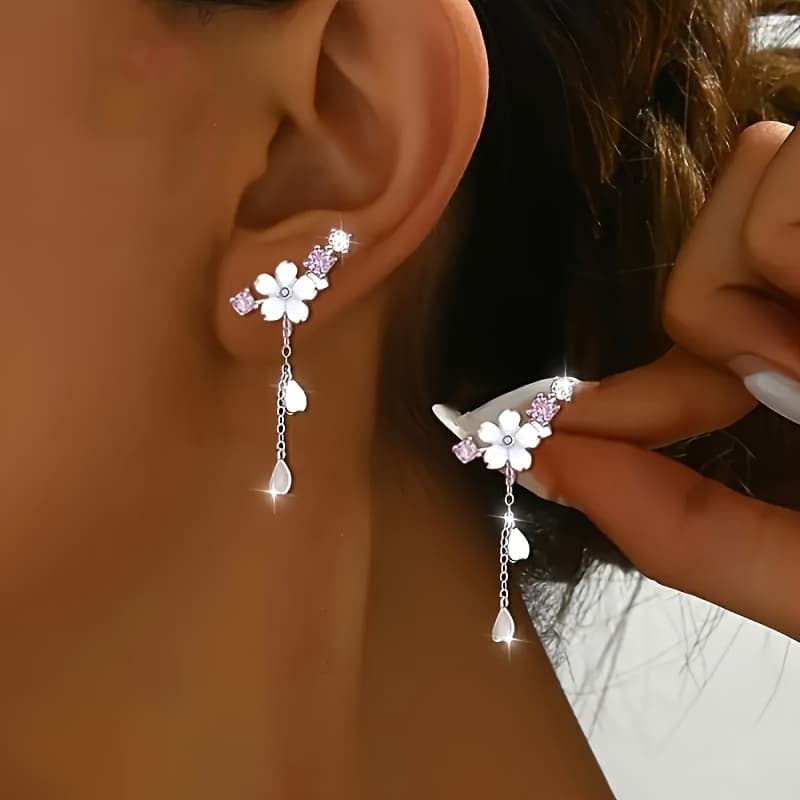 TEMU Pair Of Cherry Tassel Elegant Classic Floral Earrings, Inlaid With Exquisite Synthetic Zirconia, Ideal Gift For . Suitable For Daily , Parties, Vacations, Music Festivals