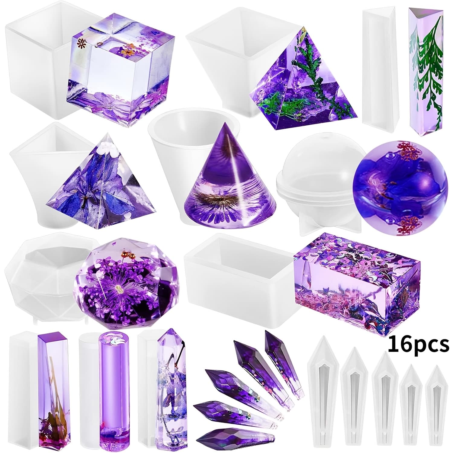 TEMU 16pcs/17pcs Silicone Casting Molds For Including Pyramids, Spheres, Cones And Gemstone Shapes - Durable, Flexible, Reusable Molds For Making Pendants, Ornaments And Crafts