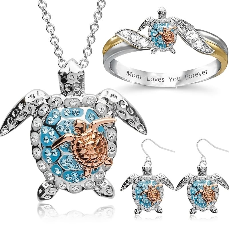 TEMU Ejg Women's Turtle Jewelry Collection In 925 Sterling Silver Featuring Moissanite Necklace, Earrings, And Ring, Perfect For Beach Vacations Or Everyday Wear, A Delicate Gift For Her