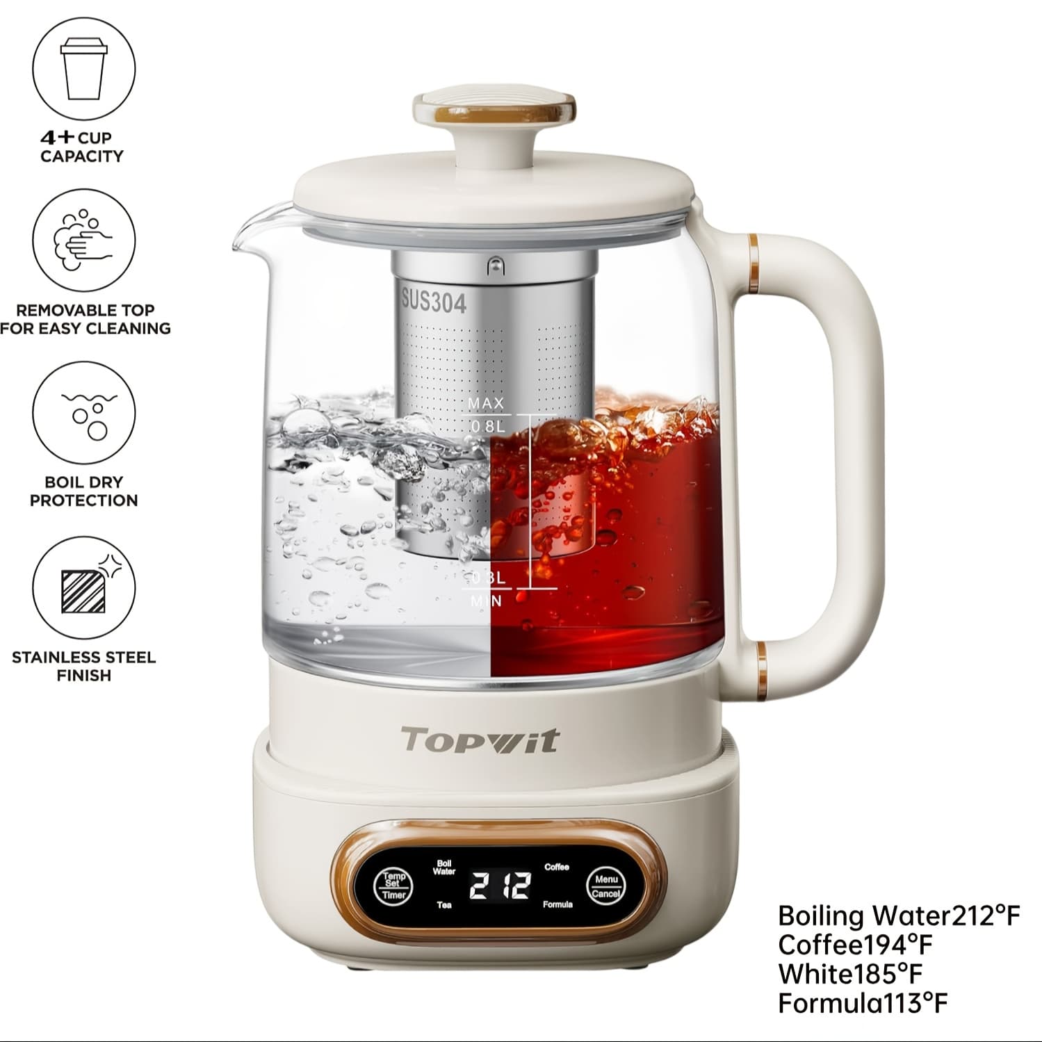 TEMU Health-care Beverage Tea Maker And Kettle | 0.8 L | Programmable Brew Cooker Master | Electric Tea Kettle | 11 Temperature Control & 4 Glass Kettle With Removable Infuser.