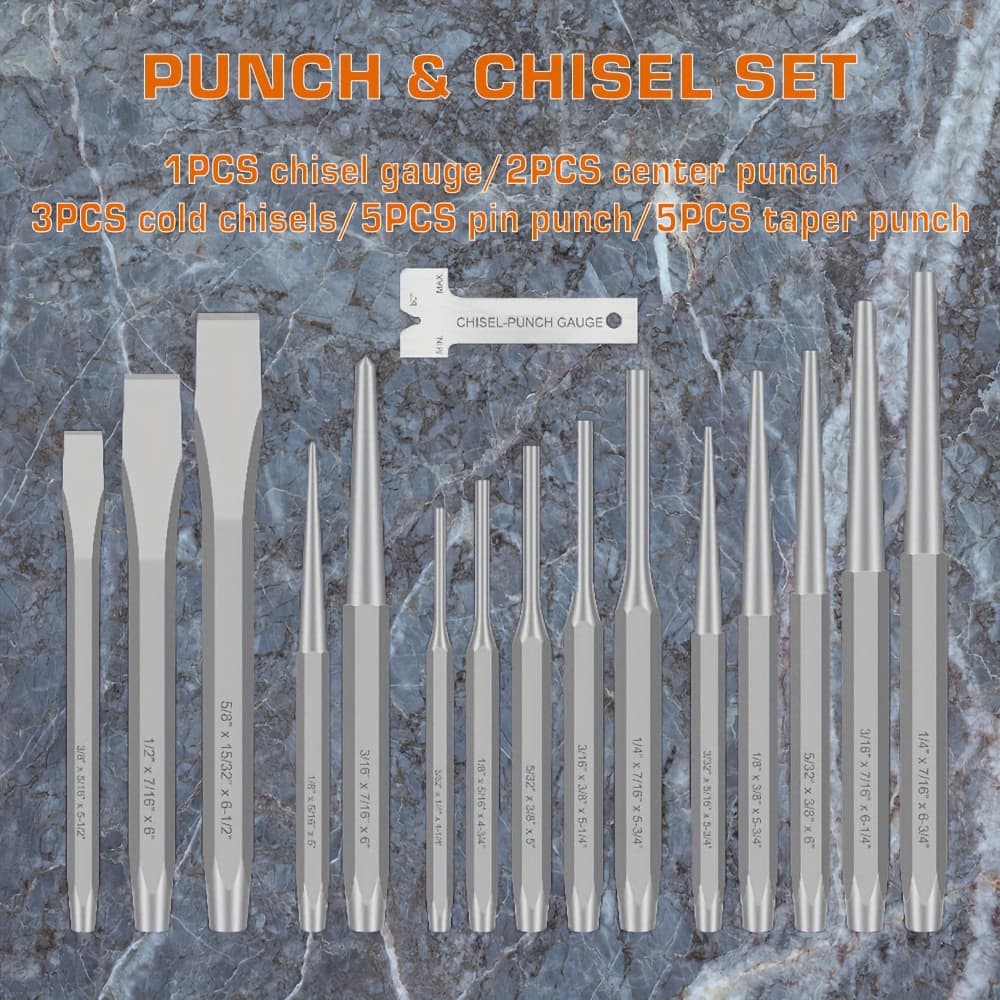 TEMU Alworkkit 16pcs Metal Punch And Chisel Set, Durable Cr-, Non-electric Kit With Taper Punch, Cold Chisels, Pin & Center Punches, Fabric Storage Case - Ideal Gift For
