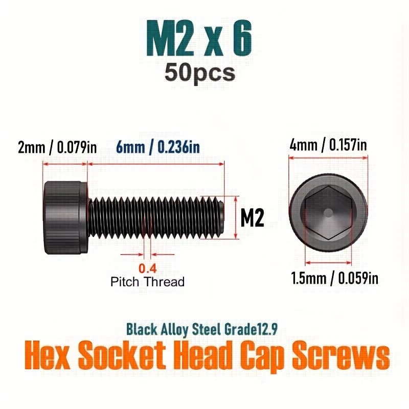 TEMU Junter 50pcs M2(2mm) Fully Thread Metric Steel Grade12.9 High Tensile Allen Hex Socket Head Machine Screws Din912
