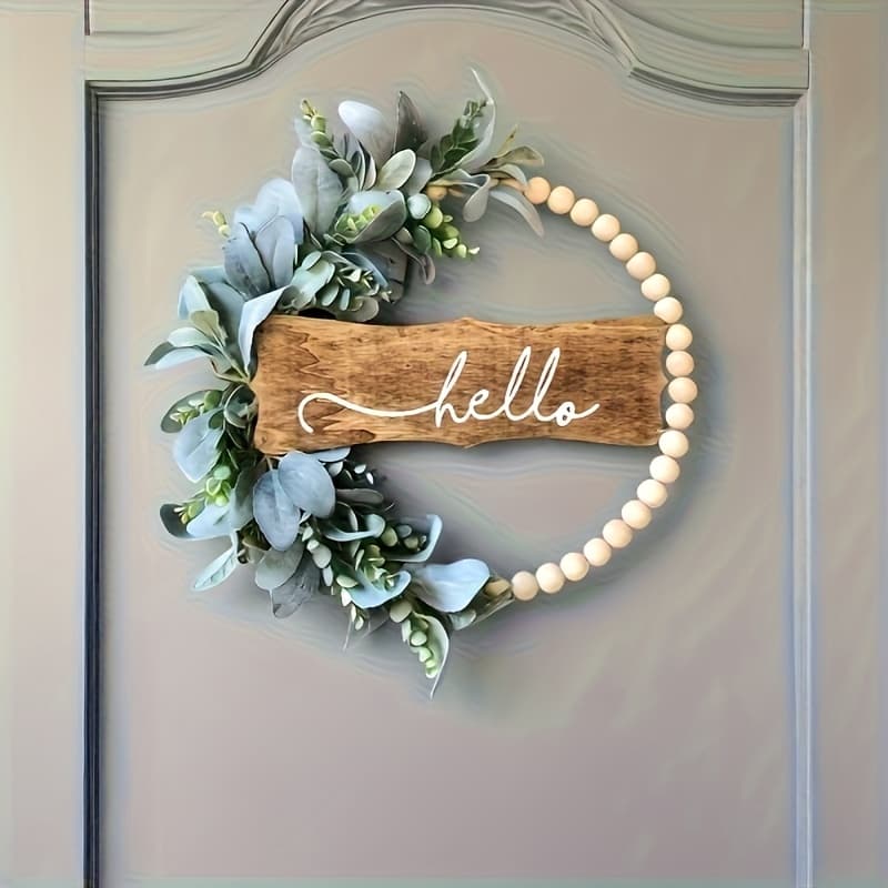 TEMU 1pc Welcome Door Garland - Classic Wooden Arched Design With Eucalyptus Leaves And White "hello" Sign. Plastic Branches For Door Decoration Suitable For All