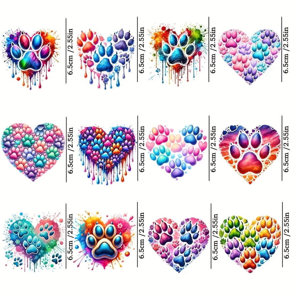 TEMU Set Of 12 Vibrant Heart Transfer Paper For Mugs, - Floral Paw Uv Dtf Self-adhesive Plastic Wrap For Ceramic, Mugs, Glass Bottles, Laptops, Skateboards, Embellishments