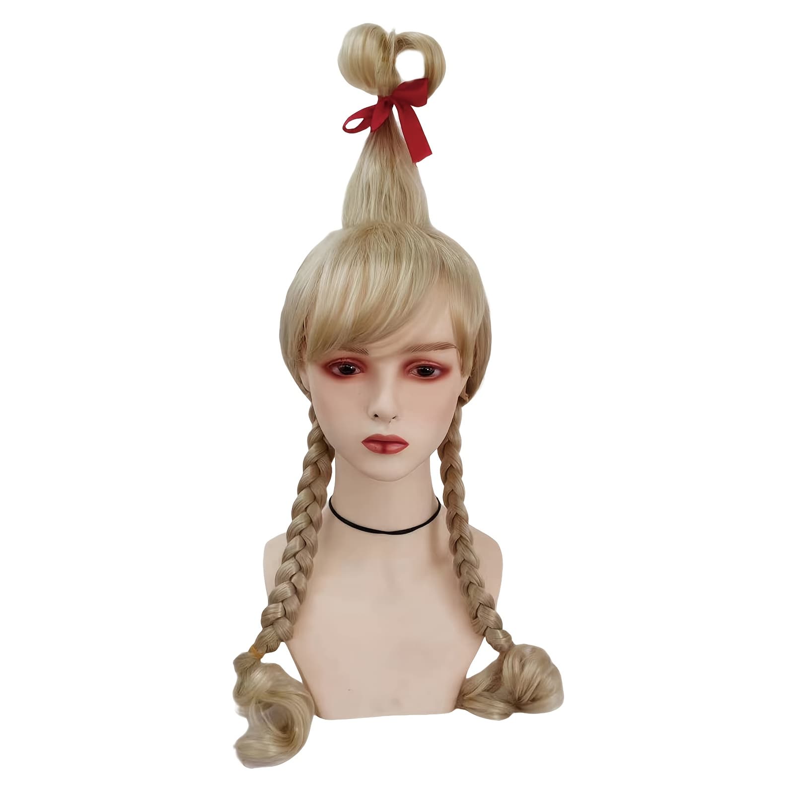 TEMU A 14-inch Heat-resistant Golden Braided Wig With A Red Bow, Featuring Curly Wavy Double Braids, Perfect For Christmas , Costume Events, Everyday Use, And Halloween Outfits