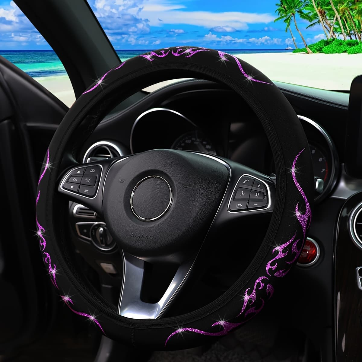 TEMU 1 Flash Flame Totem Dynamic Fabric Steering Wheel Cover With No , Suitable For -15 Inch Car Accessories