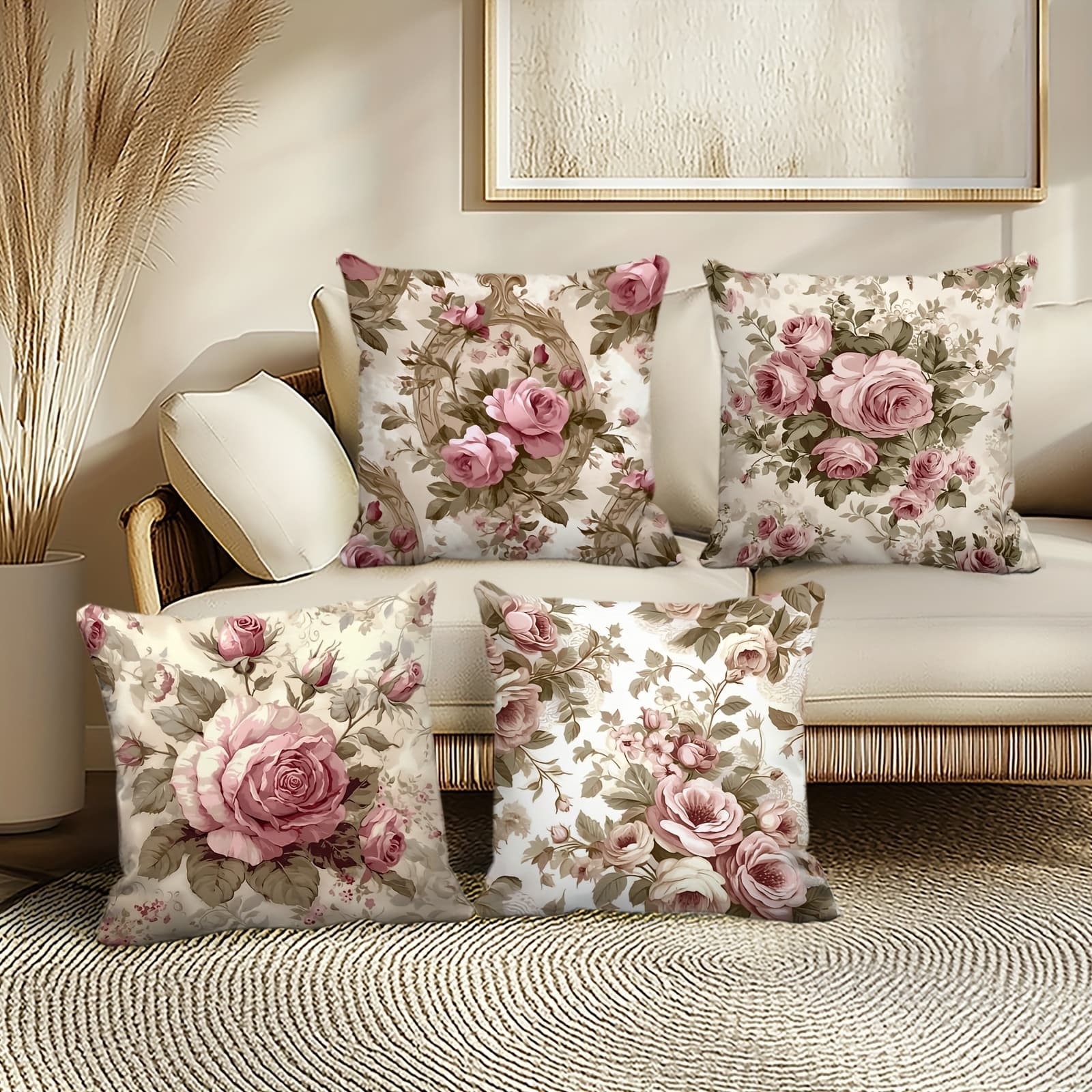 TEMU 4pcs Pillowcase Set, Green Leaves And Other Decorative Patterns, For Home And Outdoor Holiday Decor, Single-sided Printing, No Pillow Inserts