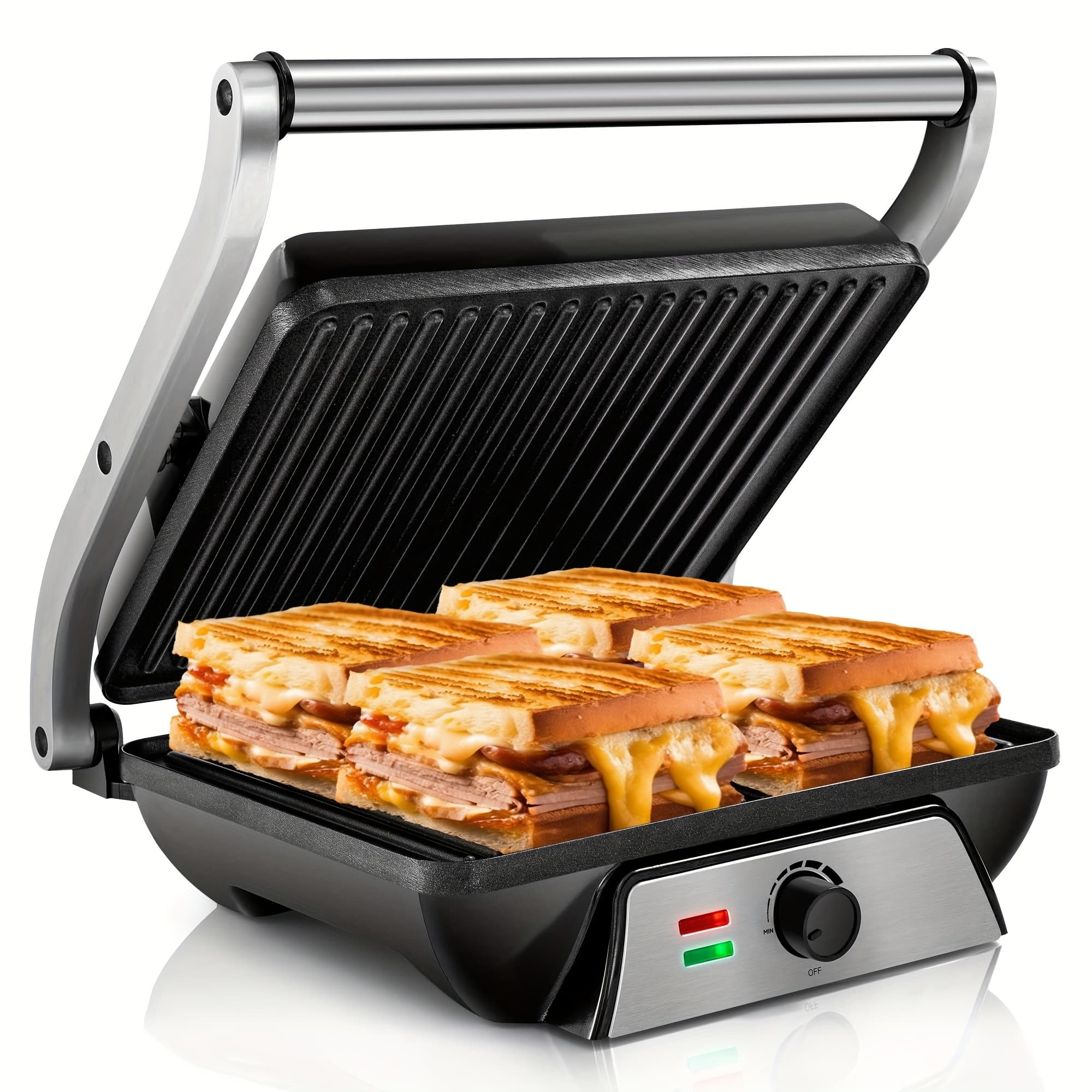 TEMU 3-in-1 Electric Indoor Grill - With Cooking Plates, 180-degree Gourmet Sandwich Maker, Floating Hinge Fits All Foods, Grill With Grease Tray
