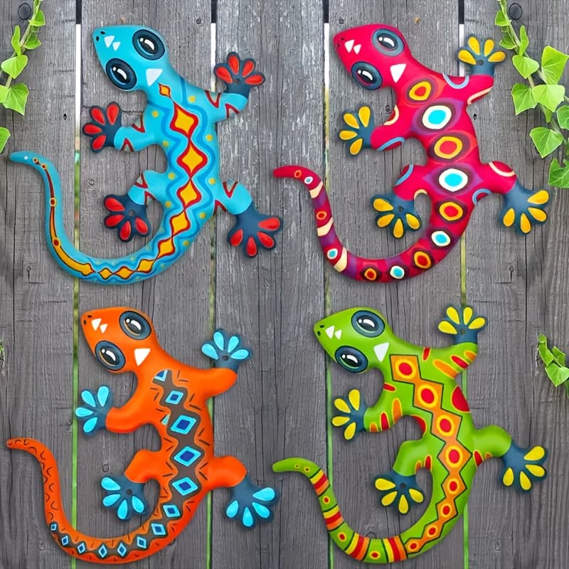 TEMU 2d Flat, Wooden Outdoor Wall Decor - 4pcs Of 2d Wooden Colorful Geckos, Suitable For Garden Yard Decoration Outdoor Or Indoor Decoration, Gifts For Mom, Dad , 2d Flat
