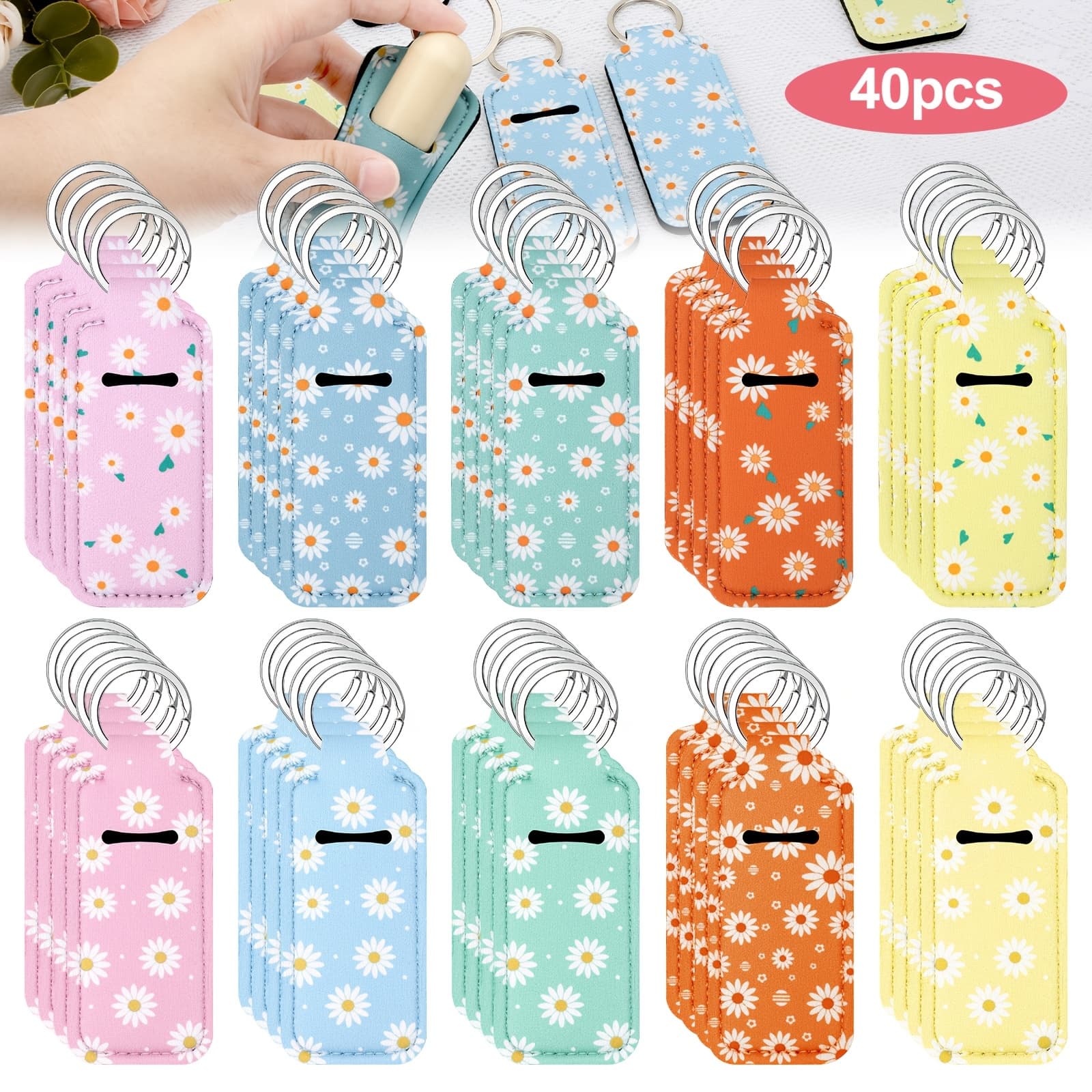 TEMU 40pcs Daisy Lipstick Holder Keychains, Colorful Lip Gloss Sleeve Pouches With Clip, Floral Pattern Keychain For Women, Party Favors, Organizer, Gift For Halloween, Christmas, Thanksgiving