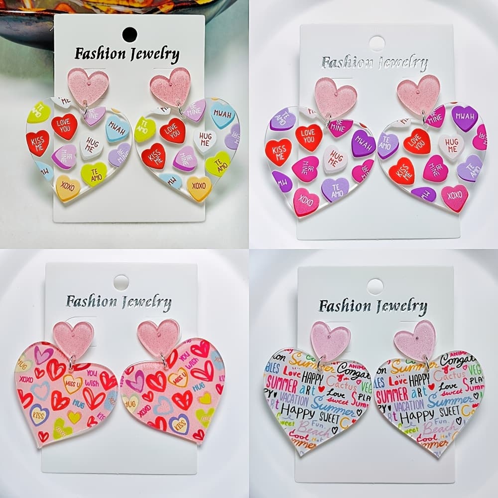 TEMU 4 Pairs Of Printed Letter Acrylic Heart Earrings, Very Suitable For , Parties And Vacations, Gift For Her